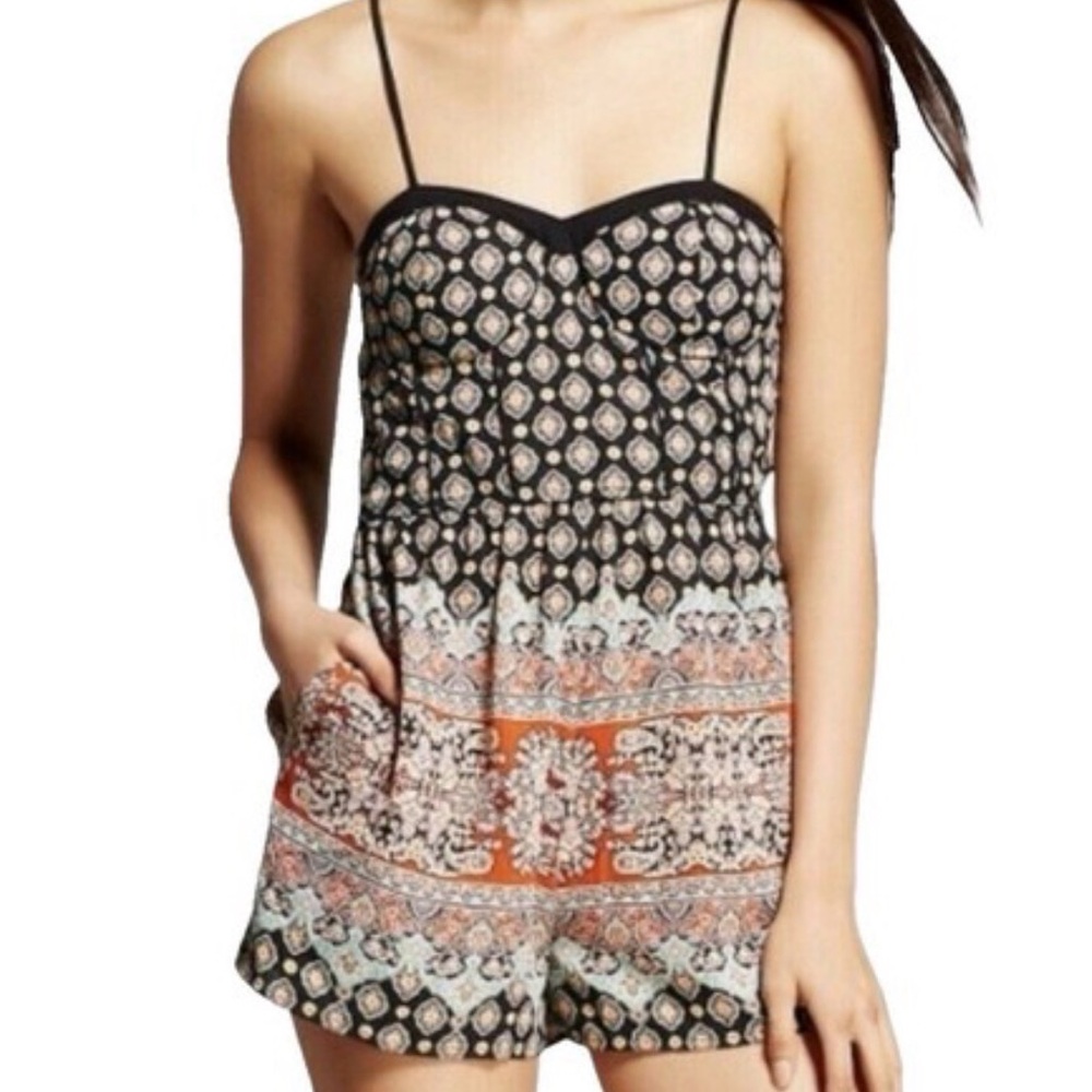 Boho Print Spaghetti-Strap Romper w/pockets in Black and Orange. NWOTS!